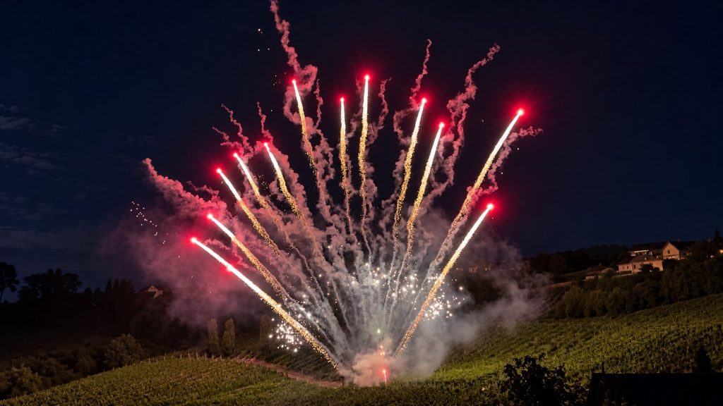 Feuerwerk mit roten und goldenen Effekten über einem Weinberg bei Nacht.