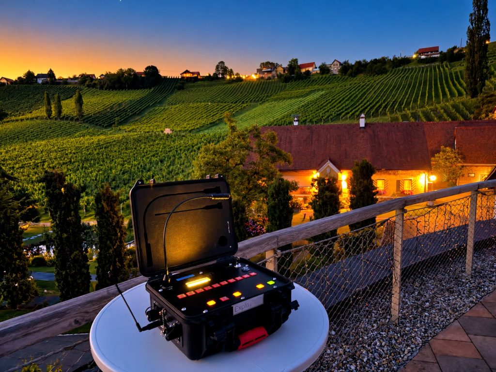 Feuerwerks-Steuerkoffer vor beleuchteten Weinbergen in der Südsteiermark bei Abenddämmerung.