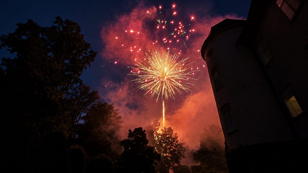 Gold-rotes Feuerwerk am Nachthimmel zwischen Bäumen und einem Gebäude.