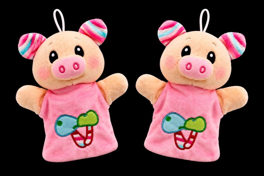Zwei rosa Schweinchen-Handpuppen als Glücksbringer für Silvester.