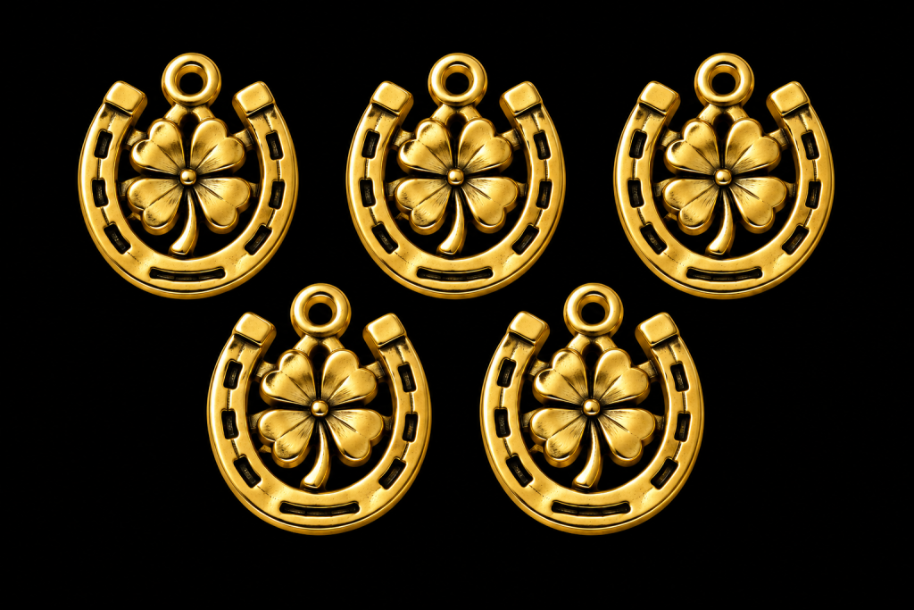 Goldfarbene Metall-Glücksbringer mit Hufeisen und vierblättrigem Kleeblatt für Silvester.