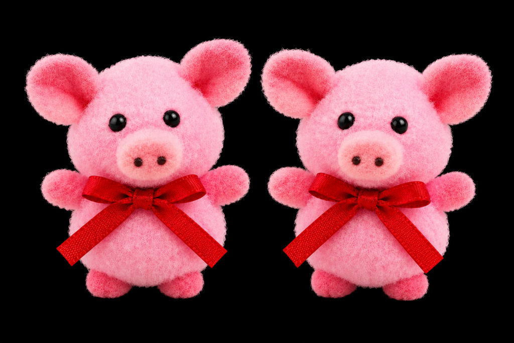Zwei Mini-Plüschschweinchen mit roten Schleifen als Glücksbringer für Silvester.