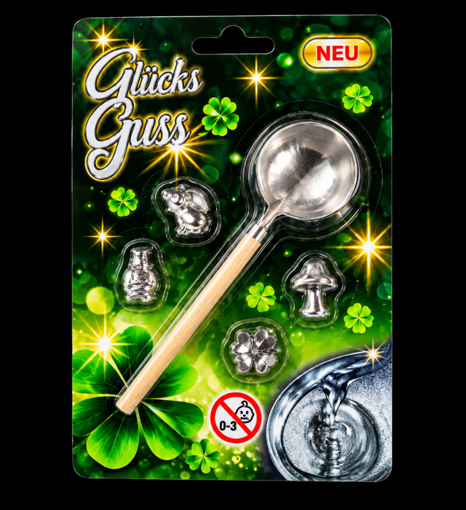 Alternativtext: „Zinngieß-Set ‚Glücks Guss‘ mit Gießlöffel und verschiedenen Glücksmotiven für Silvester.