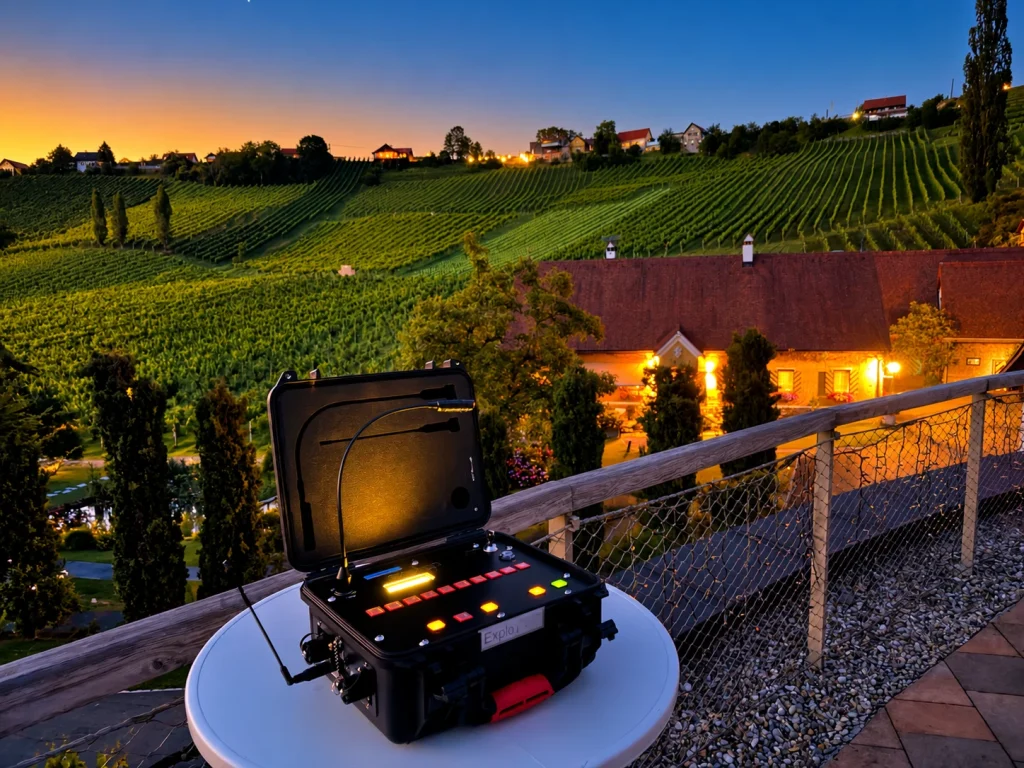 Beleuchteter Zündkoffer vor südsteirischen Weinbergen in der Abenddämmerung