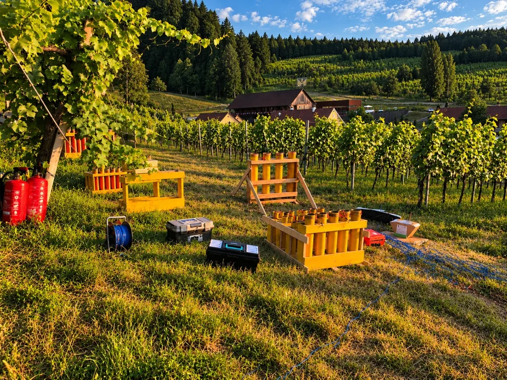 Feuerwerksmörser, Zündkoffer und Kabel beim Aufbau zwischen Weinreben.